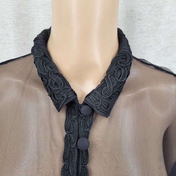 Vintage Sheer Black Soutache Embroidery Button Up Blouse Mobwife Mesh  Illusion - Picture 4 of 13